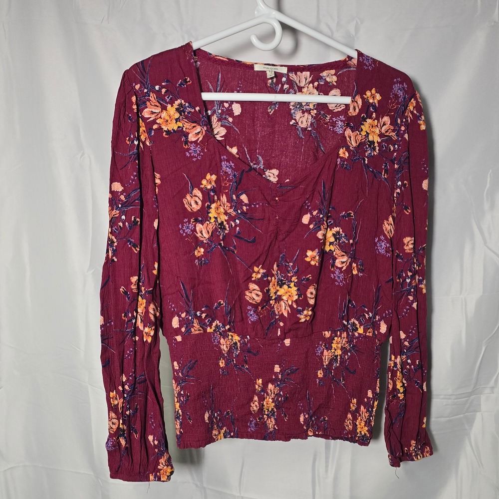 Maurices cottagecore Womens Small‎ Burgundy Floral Smocked Waist Long Sleeve Top
